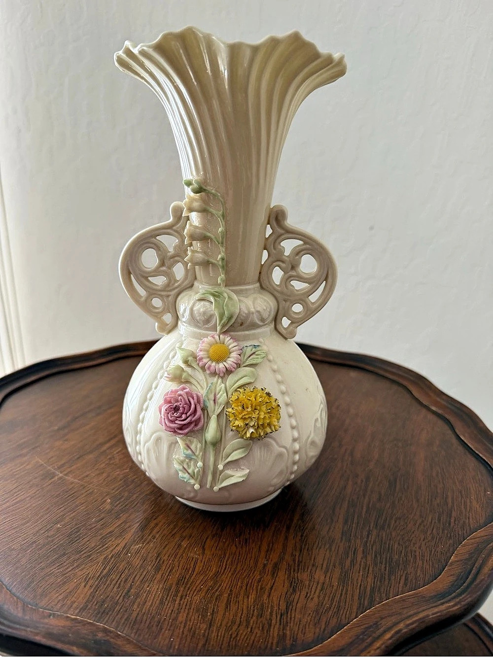Belleek Floral Porcelain Vase in Cream & Pink